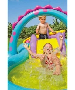 Intex 11ft x 7.5ft x 44in Dinoland Backyard Play Center Kiddie Inflatable Swimming Pool with Slide, Dino Arch Water Sprayer and Games for Ages 2+