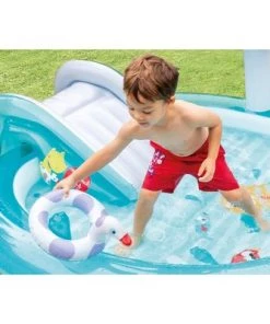 Intex 57165EP Gator 6.6ft x 5.6ft x 4in Outdoor Inflatable Kiddie Pool Water Play Center with Slide, for Toddlers Ages 2 and Up