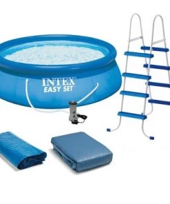 Intex Above Ground Swimming Pool, Ladder with Pump and 15’ Pool Debris Cover