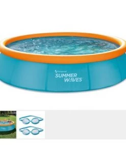 Summer Waves P10012303 12 Foot Wide Quick Set Inflatable Top Ring Kiddie Swimming Pool with Deep Sea Ocean Life Graphics and 3D Goggles, Blue