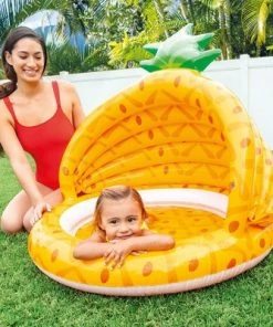 Intex 58414EP 40 Inch Pineapple Design Outdoor 1 to 3 Years Old Baby Toddler Inflatable Swimming Pool with Soft Floor Bottom and Built In Sunshade