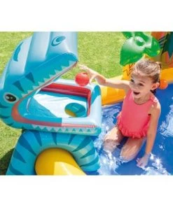 Intex 57444EP 8ft x 6.25ft x 43in Outdoor Dinosaur Water Splash Play Center Inflatable Kids Set Swimming Pool with Sprayer, Slide, and 6 Play Balls