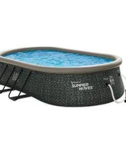 Summer Waves P11810421 18 x 10 Foot Oval Quick Set Inflatable Ring Above Ground Swimming Pool with Ladder and Filter Pump, Dark Gray Herringbone Print