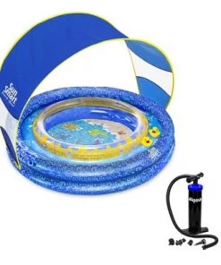 Aqua Leisure Sun Smart AZP15225 SunSmart Lazy River Kiddie Pool with 50 UPF Sun Shade & Dual Action Hand Pump with 4 Nozzle Adapters Attachments