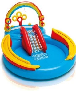 Intex 57453EP 9.75 Foot x 6.3 Foot x 53 Inch Multicolor Rainbow Slide Kids Inflatable Pool with Water Slide and Ring Toss for Children Ages 2 and Up