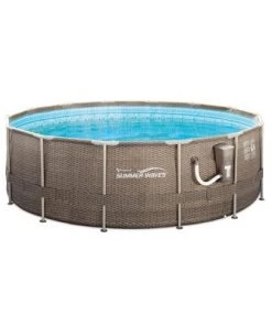 Summer Waves P20014482 14ft x 48in Round Frame Above Ground Swimming Pool Set with Skimmer Filter Pump, Cartridge, Solution Blend, and Ladder, Brown