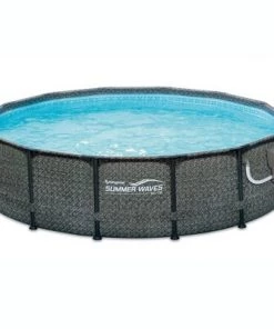 Summer Waves P2001448E14ft x 48in Round Frame Above Ground Swimming Pool Set with Ladder, Skimmer Pump, Cartridge, Solution Blend, and Ladder, Gray
