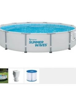 Summer Waves Elite 12 Foot x 30 Inch Metal Frame Outdoor Backyard Above Ground Swimming Pool Set with Filter Pump, Type D Cartridge, and Repair Patch