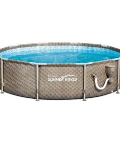 Summer Waves P20010305 10ft x 30in Frame Above Ground Swimming Pool with Exterior Wicker Print in Tan with SFS350 Skimmer Filter Pump & Solution Blend