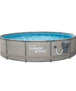 Summer Waves Active Metal Frame 12 Foot x 33 Inch Round Above Ground Swimming Pool Set with Filter Pump and Type D Filter Cartridge, Gray Rattan