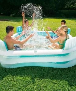 Summer Waves KB0678000 Premier Family Inflatable Blow Up Above Ground Swimming Pool with 4 Built In Seats with Backrests and 2 Cup Holders, White/blue