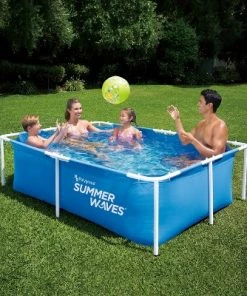 Summer Waves P30705240 7 x 5 Foot 24 Inch Deep Rectangular Small Metal Frame Above Ground Family Backyard Swimming Pool, Blue