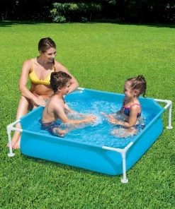 Summer Waves 4 Foot x 4 Foot x 12 Inch Above Ground Square Plastic Frame Small Mini Kids Toddler Baby Kiddie Swimming Pool, Blue