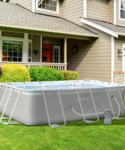 Outsunny 11' x 6' x 32" Above Ground Swimming Pool, Rectangular Steel Frame, Non-Inflatable, Filter Pump, Light Grey