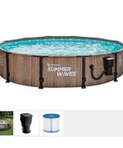 Summer Waves Natural Teak Elite 12 Foot by 30 Inch Outdoor Backyard Round Frame Above Ground Swimming Pool Set with Filtration Pump