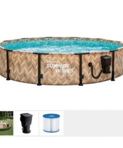 Summer Waves Oak Herringbone Elite 12' x 30" Outdoor Backyard Round Frame Above Ground Swimming Pool Set with Filter Pump, Cartridge, and Repair Patch