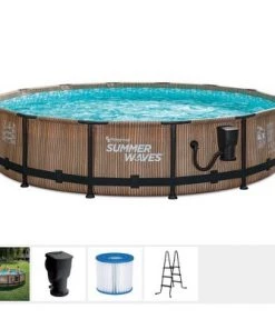 Summer Waves Natural Teak Elite 14 Foot by 36 Inch Outdoor Backyard Round Frame Above Ground Swimming Pool Set with Ladder and Filtration Pump