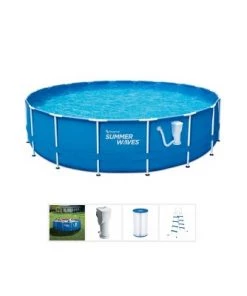 Summer Waves Active 14 Foot x 36 Inch Metal Frame Outdoor Backyard Above Ground Swimming Pool Set with Filter Pump, Ladder, and Repair Patch