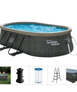 Summer Waves Quick Set 15 by 10 Foot Oval Above Ground Pool, Dark Gray with Ground Cloth, Cover, Filter Pump, and Repair Patch