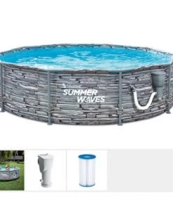 Summer Waves Active 12 Foot Stone Slate Print Metal Frame Above Ground Pool Set