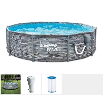 Summer Waves Active 12 Foot Stone Slate Print Metal Frame Above Ground Pool Set 1 Summer Waves Active 12 Foot Stone Slate Print Metal Frame Above Ground Pool Set
