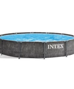 Intex 26749ST 12 Foot x 30 Inch Round Steel Frame Above Ground Pool Set with Filter Cartridge Pump & Pool Liner, Protective Canopy, Gray Woodgrain