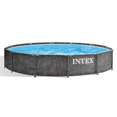 Intex 26749ST 12 Foot x 30 Inch Round Steel Frame Above Ground Pool Set with Filter Cartridge Pump & Pool Liner, Protective Canopy, Gray Woodgrain 1 Intex 26749ST 12 Foot x 30 Inch Round Steel Frame Above Ground Pool Set with Filter Cartridge Pump & Pool Liner, Protective Canopy, Gray Woodgrain