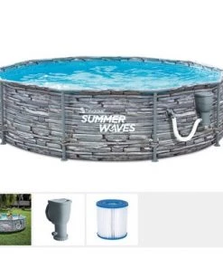 Summer Waves Active 8 Foot Stone Slate Print Metal Frame Above Ground Pool Set