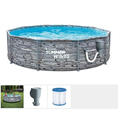 Summer Waves Active 8 Foot Stone Slate Print Metal Frame Above Ground Pool Set 1 Summer Waves Active 8 Foot Stone Slate Print Metal Frame Above Ground Pool Set