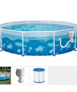 Summer Waves P20010303 Active 10 Foot x 30 Inch Outdoor Round Frame Above Ground Ocean Print Pool Set with Filter Pump System and Repair Patch