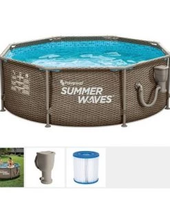 Summer Waves P2N00830A Dark Triple Basketweave Active 8 Foot x 30 Inch Outdoor Round Frame Above Ground Pool Set with Filter Pump and Repair Patch