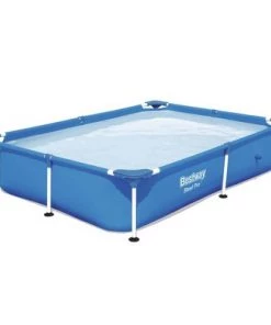 Bestway 56545E Steel Pro 7.25 x 4.9 x 1.4 Ft Outdoor Rectangular Frame Above Ground Family Kids Swimming Pool with Easy Setup and Solution Blend, Blue
