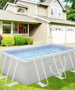 Outsunny 14' x 8' x 4' Above Ground Swimming Pool, Rectangular Steel Frame, Non-Inflatable, Filter Pump, Light Grey