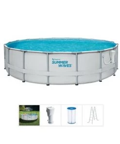 Summer Waves Elite 14 Foot x 36 Inch Metal Frame Outdoor Backyard Above Ground Swimming Pool Set with Filter Pump, Ladder, and Repair Patch