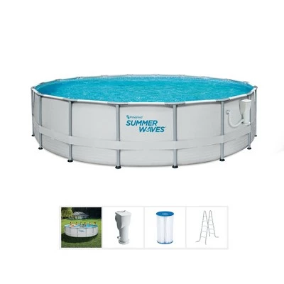 Summer Waves Elite 14 Foot x 36 Inch Metal Frame Outdoor Backyard Above Ground Swimming Pool Set with Filter Pump, Ladder, and Repair Patch 1 Summer Waves Elite 14 Foot x 36 Inch Metal Frame Outdoor Backyard Above Ground Swimming Pool Set with Filter Pump, Ladder, and Repair Patch