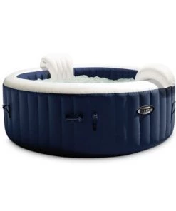 Intex 28431E PureSpa Plus 85in x 25in Portable Inflatable 6 Person Round Hot Tub Spa with 170 Bubble Jets, Heater Pump, and 2 Non-Slip Seats, Navy