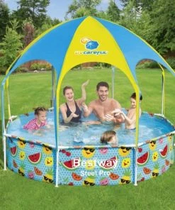 Bestway 8ft x 20in Splash in Shade Kids Spray Play Swimming Pool with UV Shade Canopy, Fruit Print