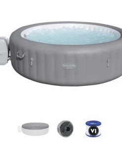 Bestway SaluSpa Grenada 8 Person Portable Inflatable Round Outdoor Hot Tub Spa with 190 Massage Air Jets, Pump, & Integrated Filter, Gray